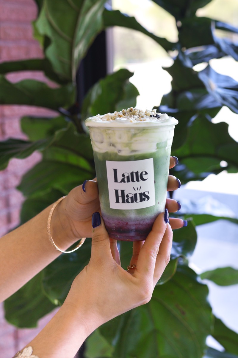 Blueberry Muffin Matcha at Latte Haus — layered blueberry and matcha with vanilla foam