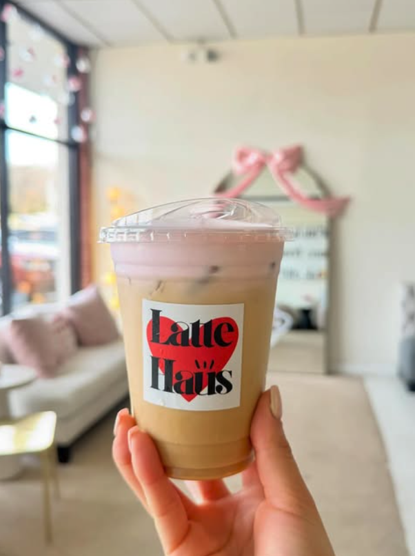 Iced latte with Latte Haus heart logo
